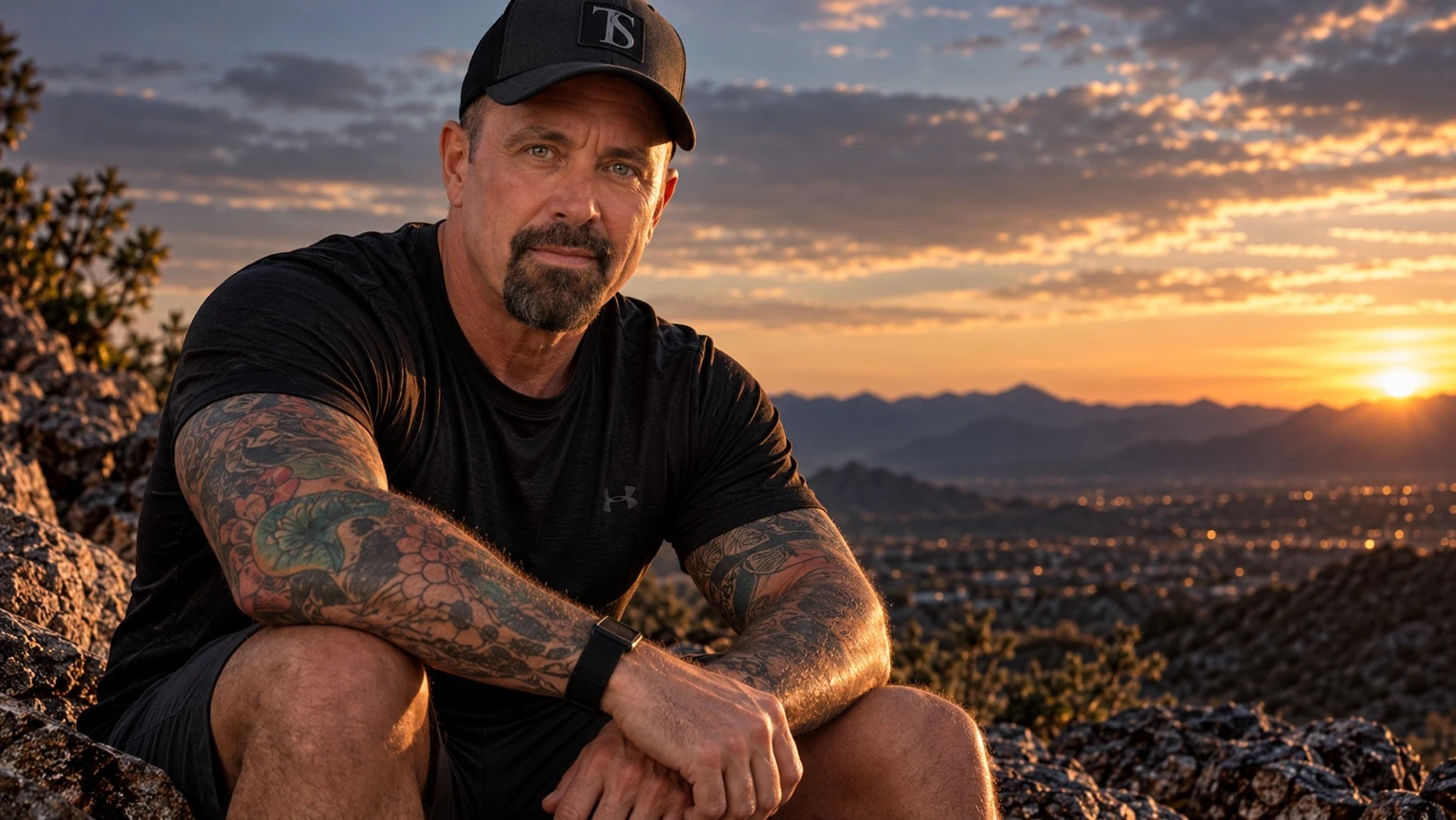 Tim Siner seated on rocks overlooking the desert at sunset