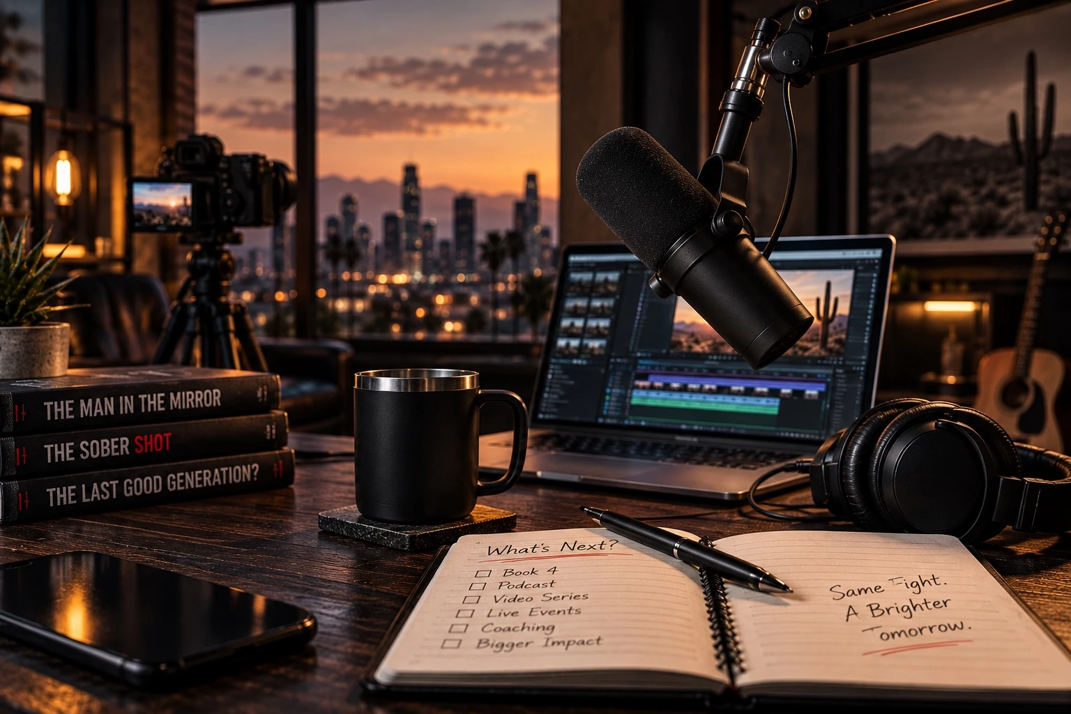 Microphone, headphones, and a notebook in Tim’s recording space