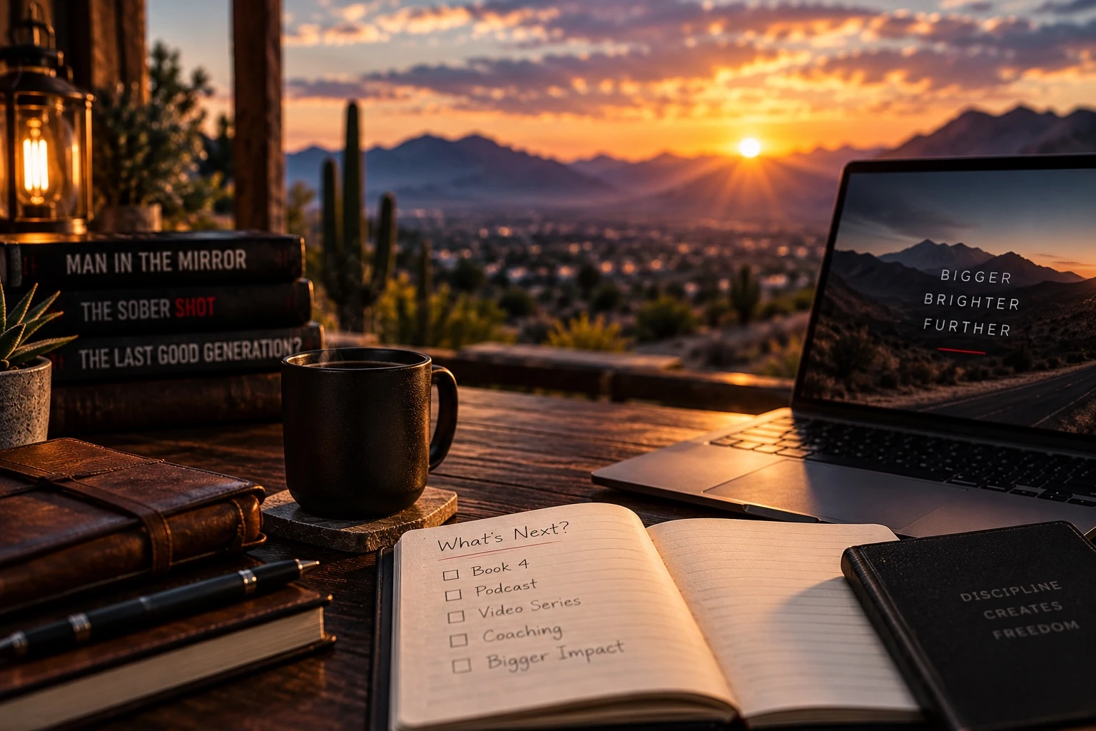 Notebook and books at sunset, ready for the next project