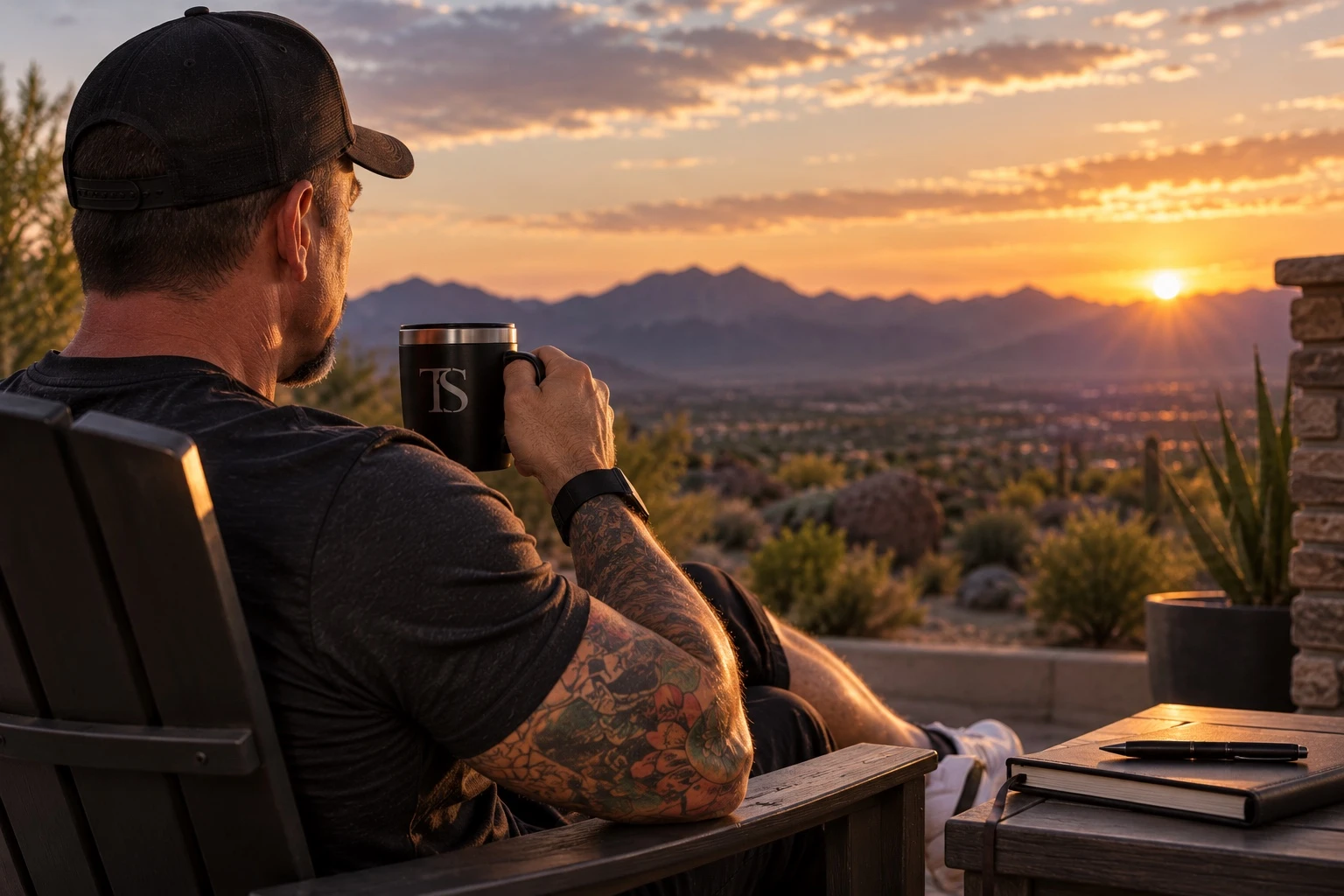 Tim seated outdoors with a mug, looking toward a desert sunset