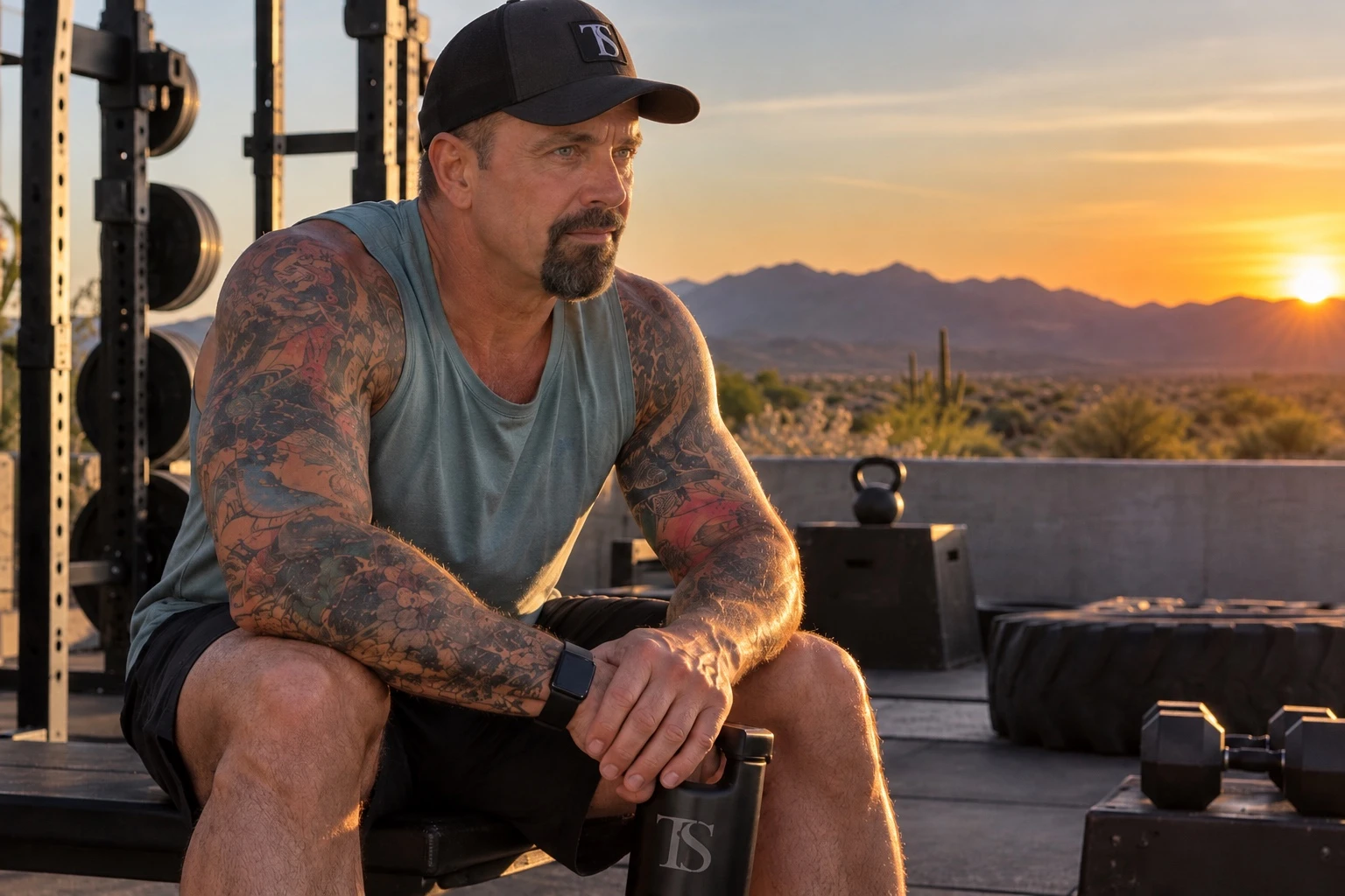 Tim seated beside gym equipment with the desert in the background